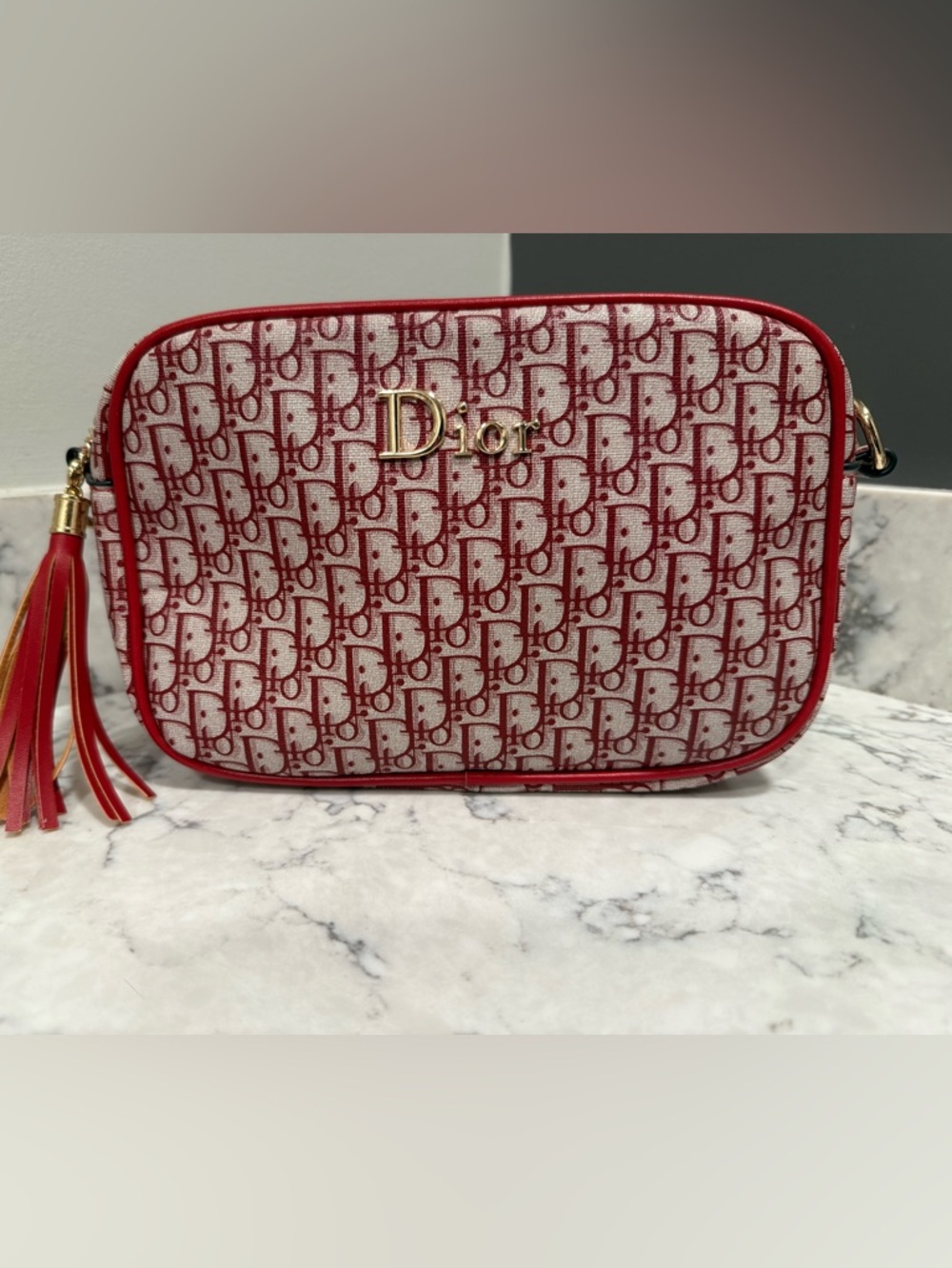 Red Monogram Cosmetic Pouch with Gold Logo